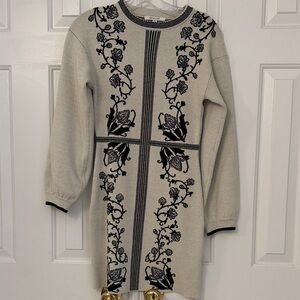 Women's Cream Knit Dress with Black Floral Embroidery